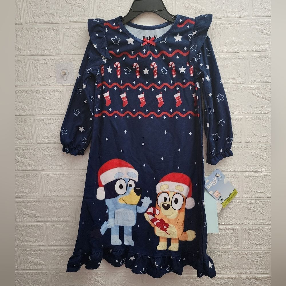 NWT Disney Bluey Bingo Girls Dark Blue Long Flannel Christmas Nightgown 4T